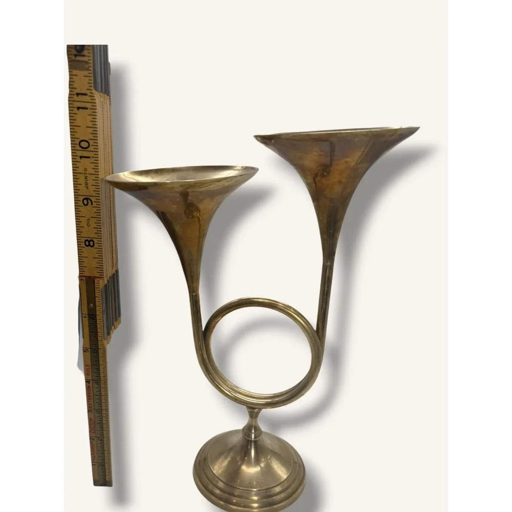 Rare and unique Vintage Brass Double French Horn Candlestick Holder with Patina